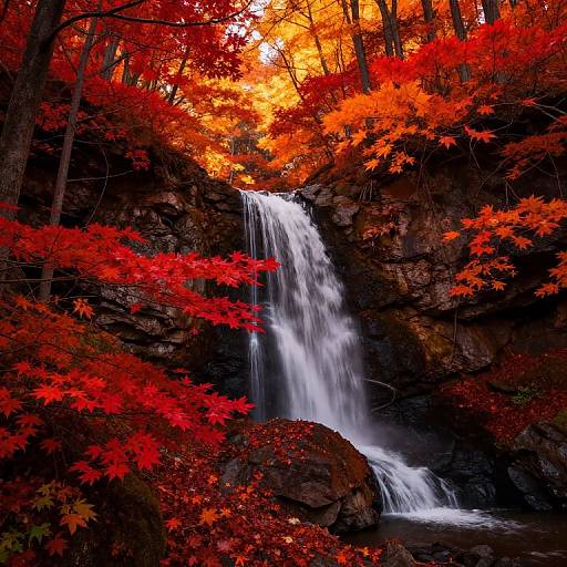 Photograph of a small waterfall cascading between rocky cliffs surrounded by vibrant red and orange autumn leaves in a dense forest.