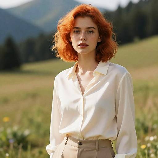 Woman with Vibrant Orange Hair in Meadow