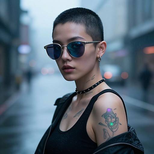 Photograph of a short-haired, tattooed Asian woman with sunglasses, choker, black tank top, and jacket, walking down a blurred, rainy