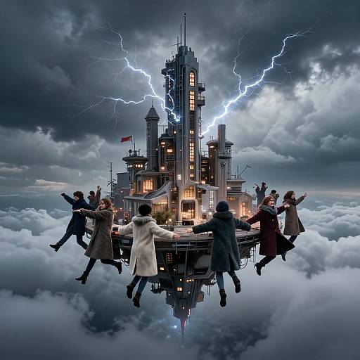 Photorealistic digital artwork: Seven people in winter coats joyfully surround a lightning-struck, floating Gothic castle amidst stormy clouds and fluffy white clouds