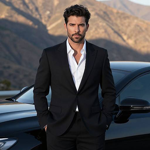 Photograph of a bearded man with dark hair, wearing a black suit and white shirt, standing in front of a black car, with mountainous