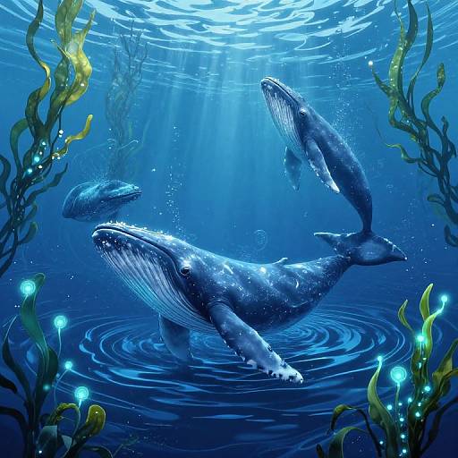 Digital illustration of three blue whales swimming in a deep, underwater ocean scene with glowing jellyfish, seaweed, and ripples.