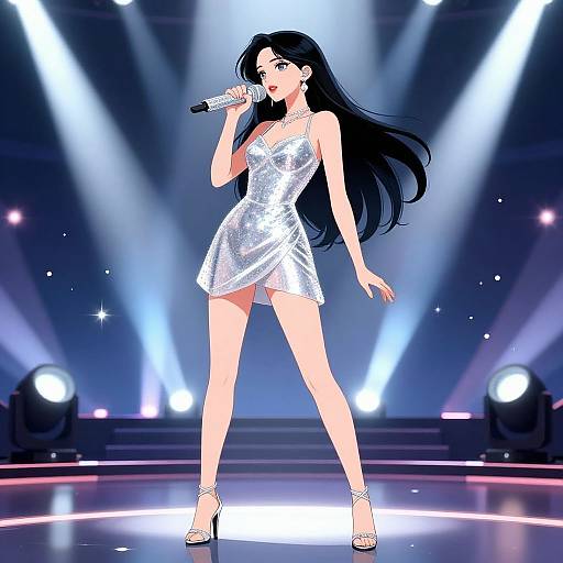 Digital anime-style drawing of a black-haired woman in a shimmering white mini dress, holding a microphone, standing on stage with bright lights in the background