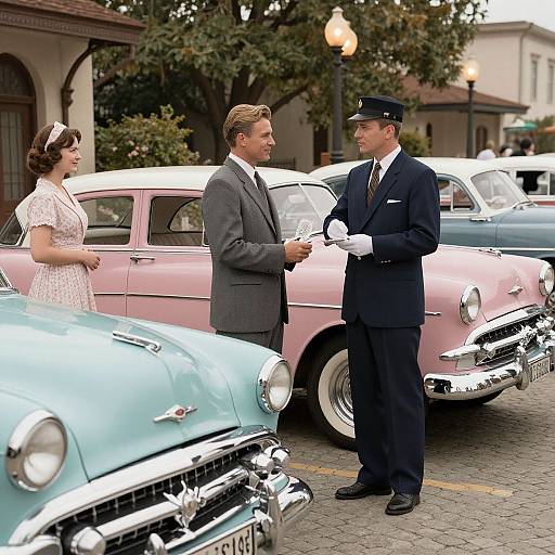 Photograph of 1950s couple in gray suit and pink dress, talking to a police officer in uniform, parked among vintage cars.