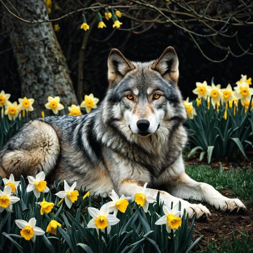 Majestic Gray Wolf Amidst Daffodils