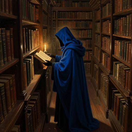 Ethereal Cloaked Figure in Ancient Library