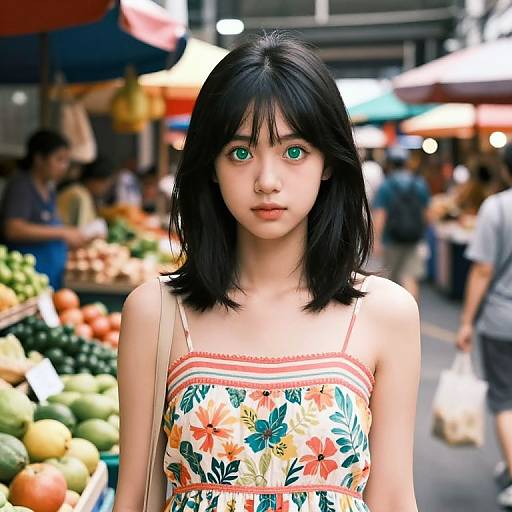 Photograph of a young Asian woman with green eyes, black shoulder-length hair, wearing a floral dress, standing in a bustling outdoor market with colorful stalls