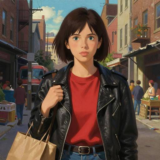 Digital art of a young woman with short black hair, wearing a red shirt and black leather jacket, holding a tan bag, standing in a sunlit