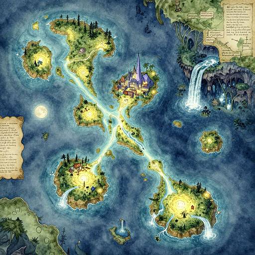 Colorful fantasy map illustration featuring glowing islands with forests, castles, waterfalls, and a sun, surrounded by blue ocean. Text boxes include descriptive