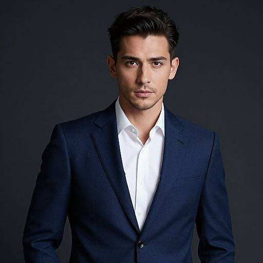 Photograph of a handsome man with short, dark hair, wearing a black suit and white shirt, against a dark background.