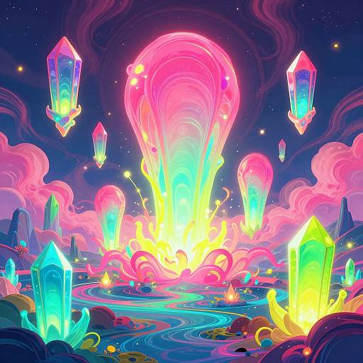 Vibrant digital illustration of glowing, neon crystals erupting from a luminous, pink and purple rocky landscape under a starry night sky.