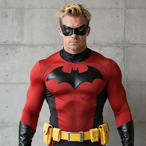 Muscular Male Superhero in Red and Black Costume