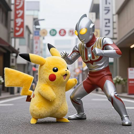 Digital art of Pikachu and a futuristic, silver and red masked character fighting in a busy, brightly-lit Japanese street.