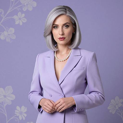 Photograph of a poised woman with silver bob, wearing a light purple suit, pearl necklace, and subtle floral background.