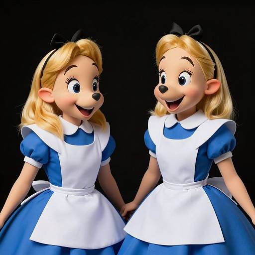  CGI image of two animated, blonde, blue-eyed, mouse-like girls in blue and white Alice in Wonderland-style dresses, smiling, holding hands against a