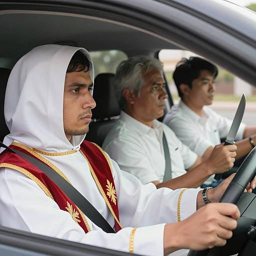 Dramatic Car Interior with Three Men