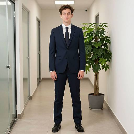 Photograph of a young man in a dark navy suit, white shirt, and black tie standing in a bright, modern hallway with a potted plant