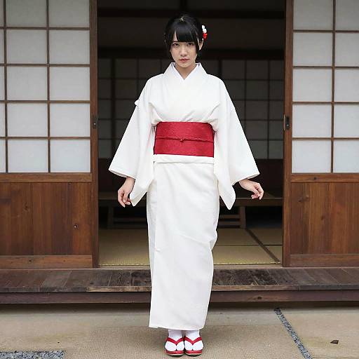 Woman in White Kimono with Red Obi Belt