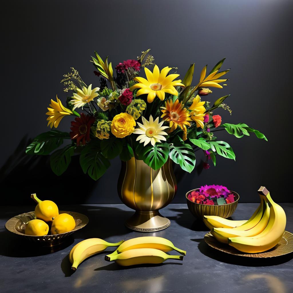 Elegant Metal Vase with Flowers and Bananas