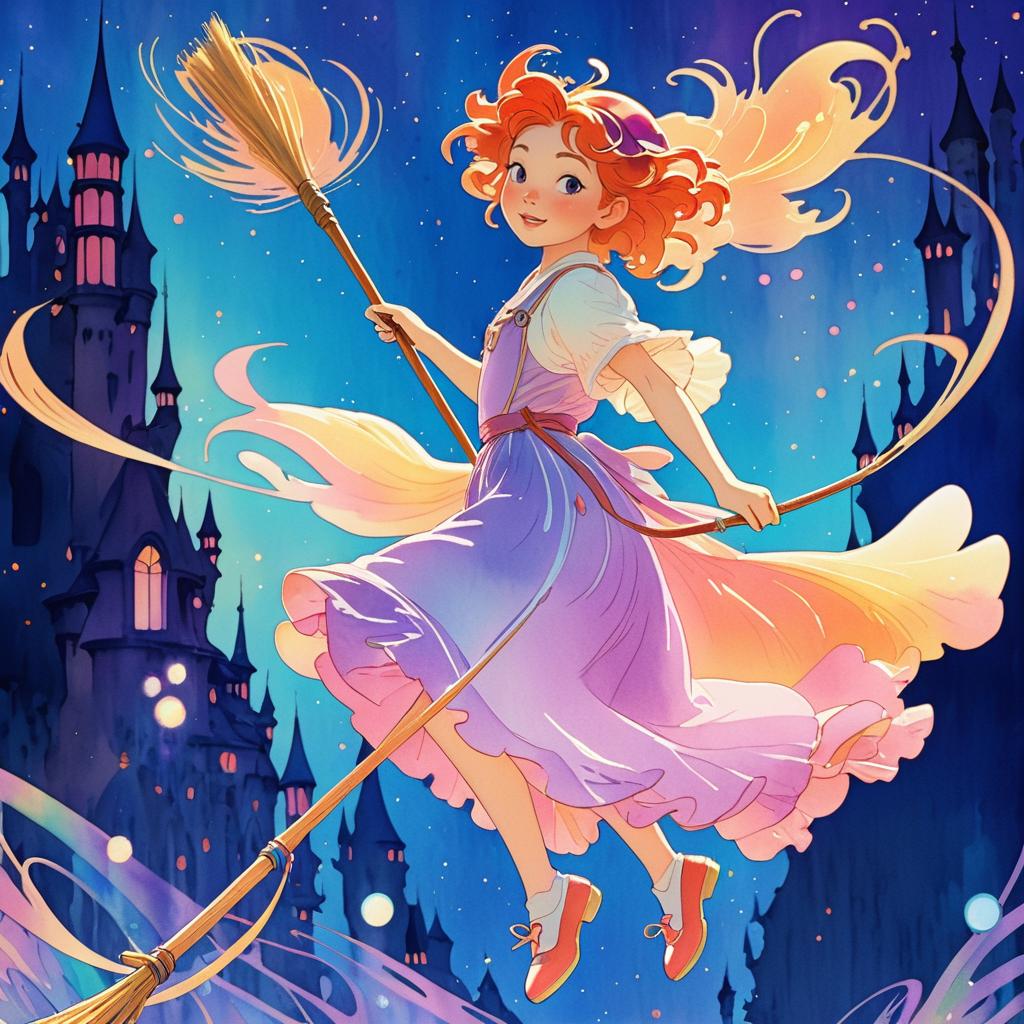 Whimsical Kiki on Her Broomstick Adventure