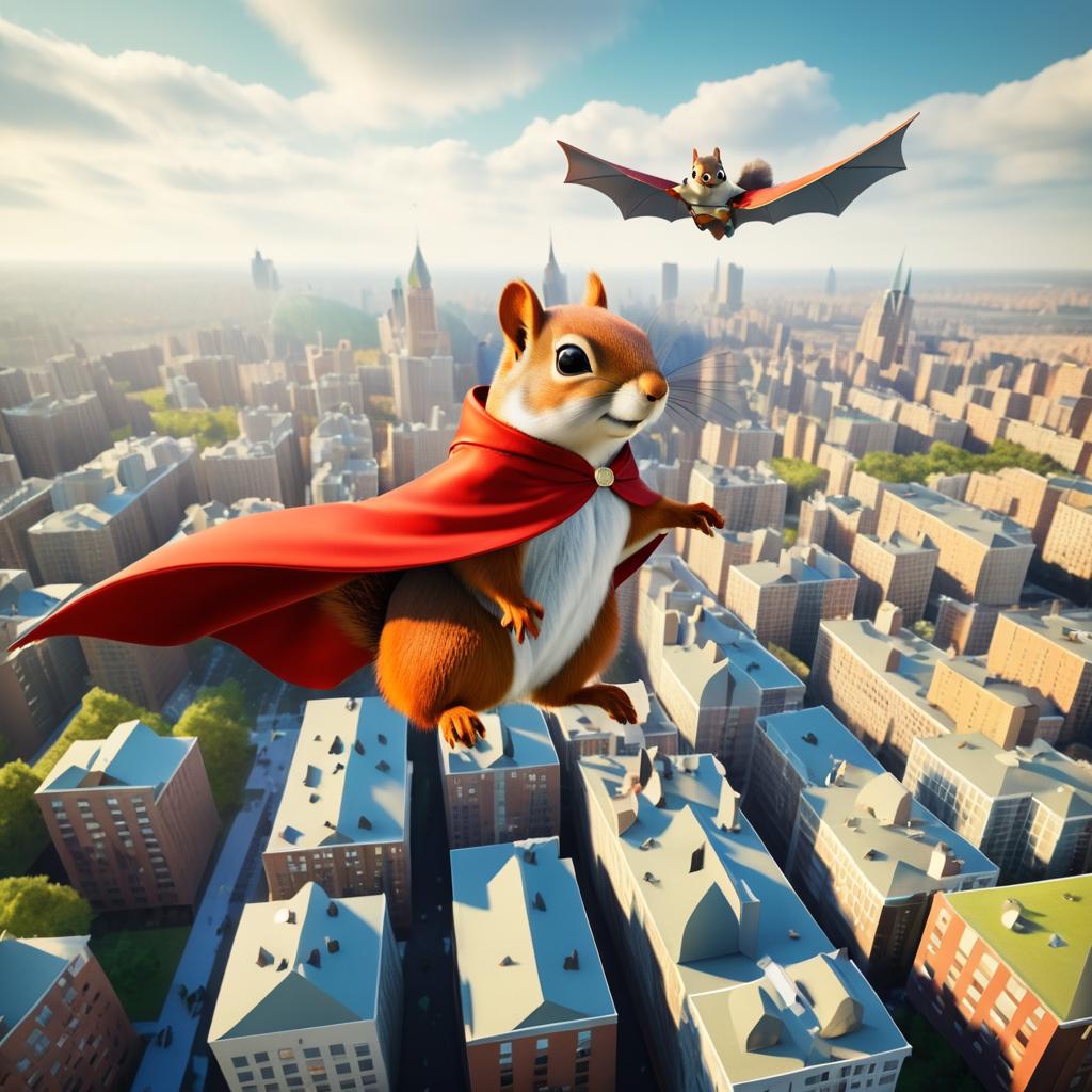 Whimsical Flying Squirrel Over City