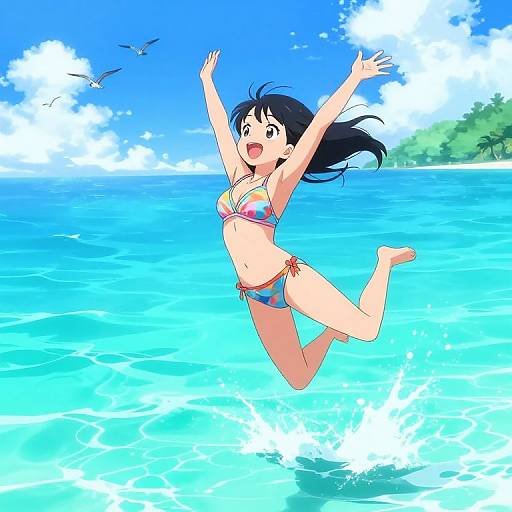 Anime-style digital drawing of a joyful young woman with black hair, wearing a colorful bikini, jumping in a bright blue ocean. Birds fly in the clear