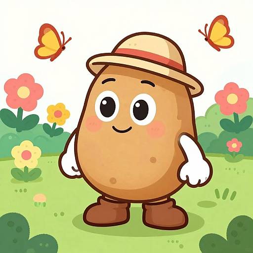 Cartoon mushroom with a hat, white gloves, brown boots, smiling, in a colorful garden with flowers and butterflies. Digital drawing.