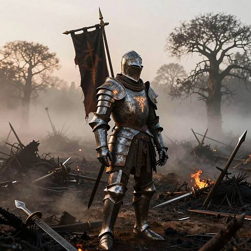 Photograph of a medieval knight in shining armor with a sword and flag, standing amidst a smoky, fire-lit battlefield with scattered debris and leaf