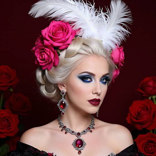 Photograph of a pale-skinned woman with platinum blonde updo, wearing white feather and red rose headpiece, dark blue eyeshadow, red