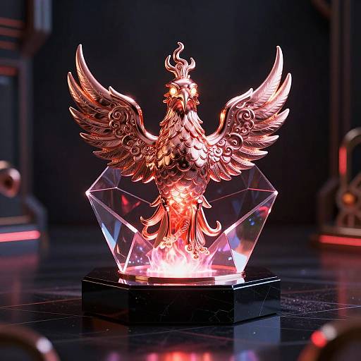 Photograph of a glowing, detailed bronze phoenix statue with outstretched wings, encased in a clear, geometric crystal base. Dark, futuristic background