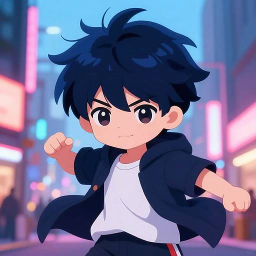 Anime-style digital drawing of a determined young boy with black hair, wearing a black jacket and white shirt, fist raised, in a neon-lit urban