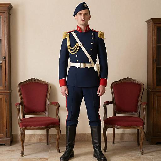 Photograph of a white male soldier in a navy blue uniform with gold epaulettes, white belt, and red cuffs, standing between two red