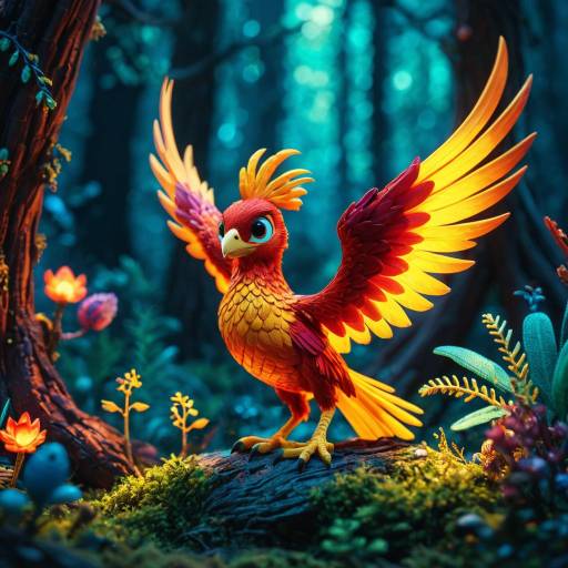 Miniature Pixar-Style Phoenix in Enchanted Forest