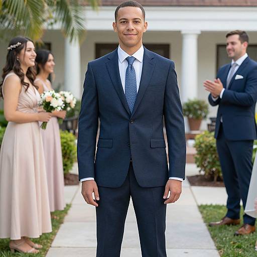 Photograph of a groom in a dark navy suit, white shirt, and blue tie, standing confidently at a wedding, with three elegantly dressed brides