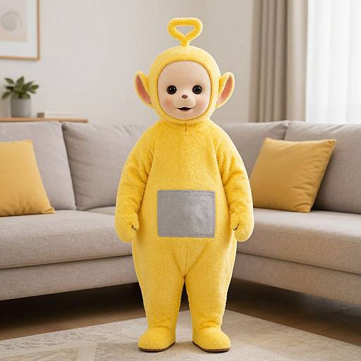 Photograph of a person wearing a yellow, plush monkey costume with a gray patch on the chest, standing in a modern living room with a gray couch
