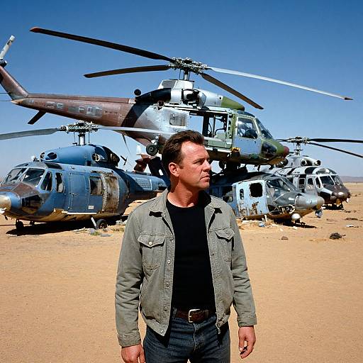 Photograph of a middle-aged man in a denim jacket and black shirt standing in a desert, with several military helicopters in the background under a clear blue