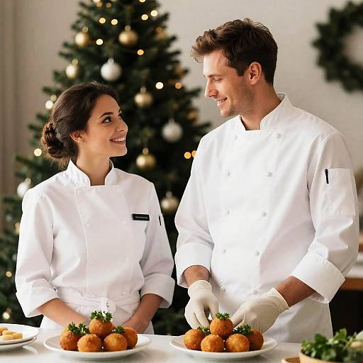 Chefs Smiling by Christmas Tree