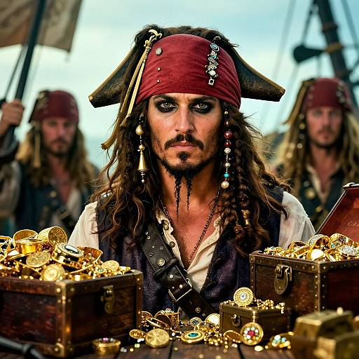 Photograph of a rugged pirate with long brown hair, red bandana, black vest, and gold jewelry, surrounded by treasure chests.