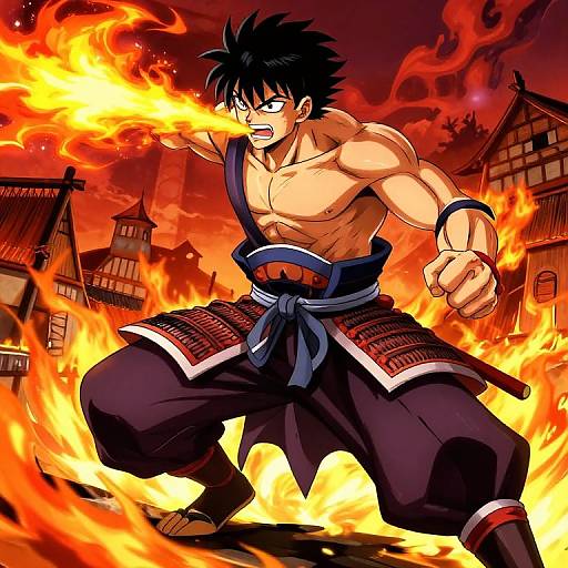 Anime-style digital drawing of a muscular, shirtless man with spiky black hair, wielding fire in his right hand, wearing traditional Japanese warrior pants,