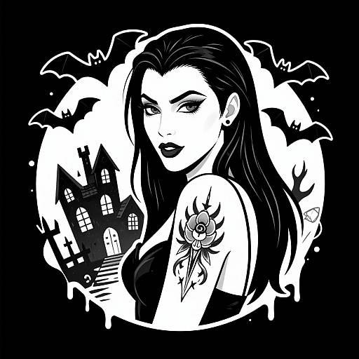 Black-and-white digital illustration of a gothic woman with long hair, holding a haunted house, bats, and a spider tattoo.