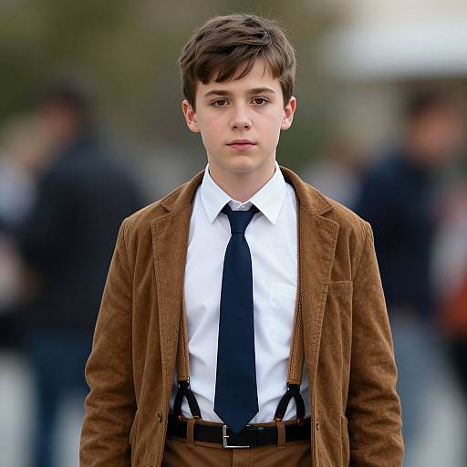 Photograph of a young boy with short brown hair, wearing a brown corduroy blazer, white shirt, black tie, and suspenders,