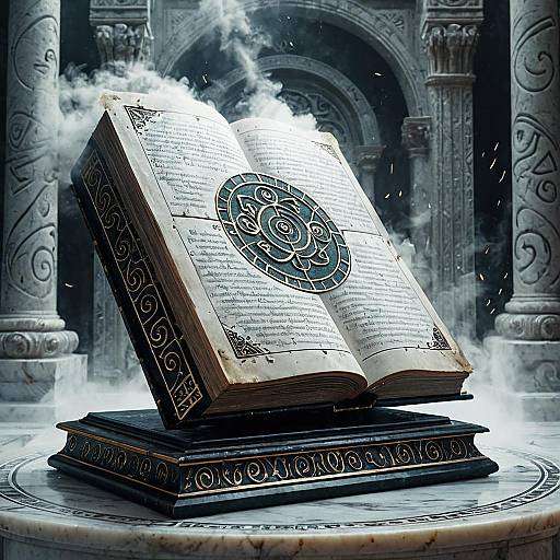 Ancient Tome with Mystical Glyphs on Marble Pedestal