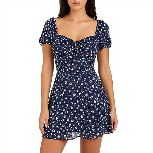 Photograph of a woman wearing a navy blue, short-sleeved, floral-patterned dress with a sweetheart neckline, standing against a plain white background