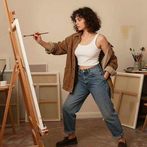 Photograph of a curly-haired woman in a white tank top and blue jeans, painting on an easel in a bright studio.