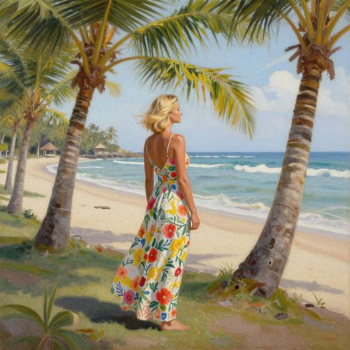 Blonde woman in colorful floral dress, back view, walks on tropical beach with palm trees, ocean waves, and clear sky. Digital painting.