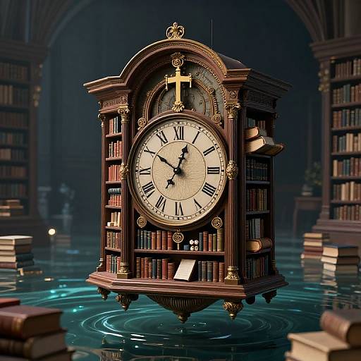 Photorealistic digital art of a floating, ornate, clock-shaped bookshelf with Roman numerals, gold accents, and a cross on top,