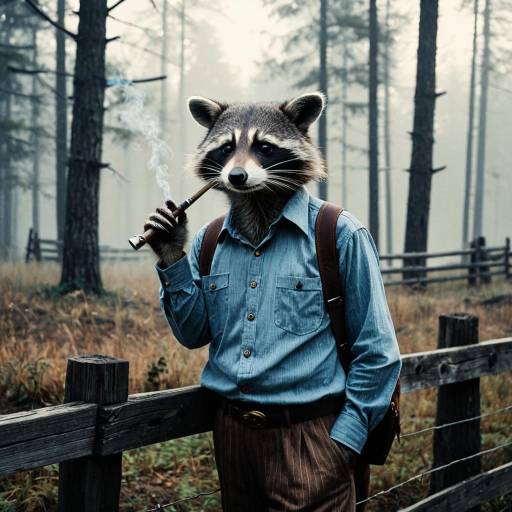 Anthropomorphic Raccoon Smoking Pipe in Misty Forest Anthropomorphic Raccoon Smoking Pipe in Misty Forest