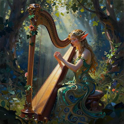 Digital fantasy artwork: Elven woman with golden hair, green dress, and leaf crown plays a wooden harp in a sunlit forest.
