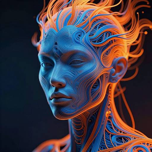 Digital CGI portrait of a person with neon blue and orange wireframe patterns, fiery hair, and closed eyes against a dark background.