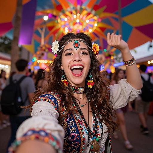Photograph of a joyful, smiling young woman with long brown hair, wearing colorful bohemian attire, flower headpiece, and beaded jewelry,